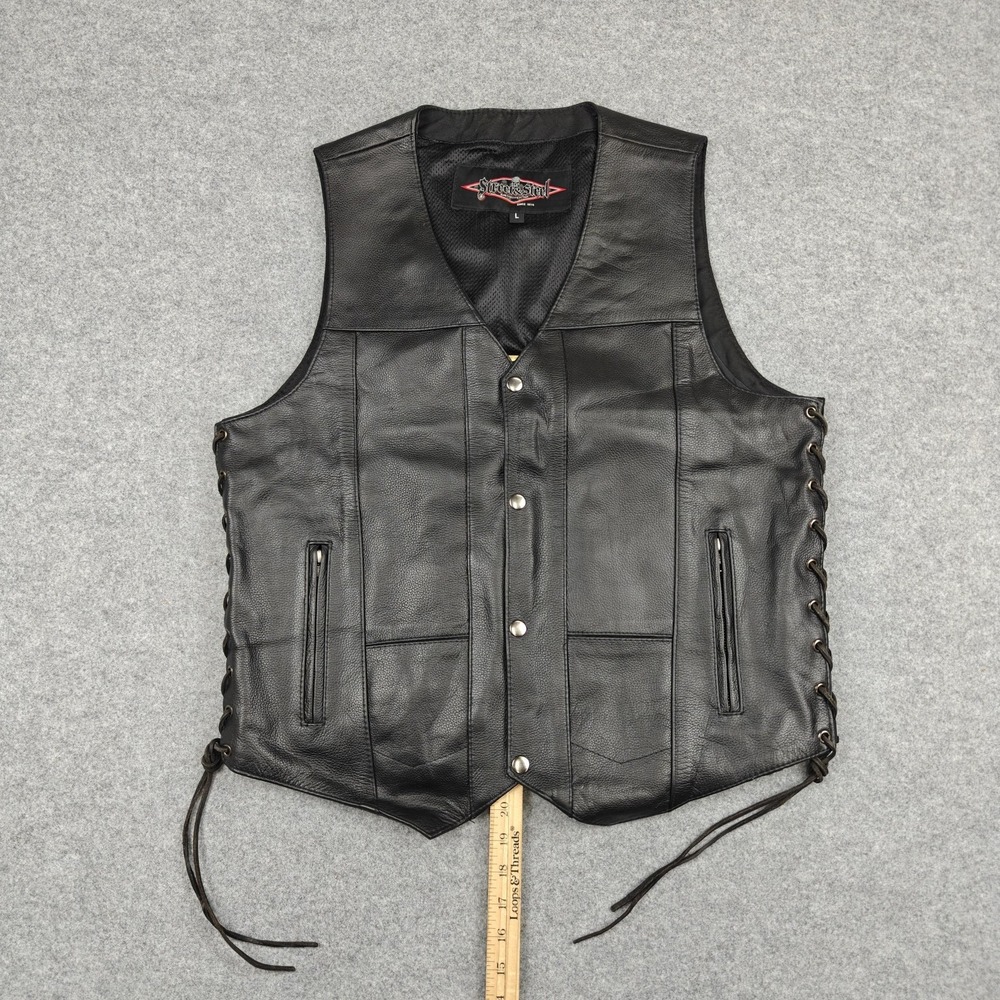 Street & Steel Vest‎ Mens Large Black Leather Biker Motorcycle Side Lace Lined